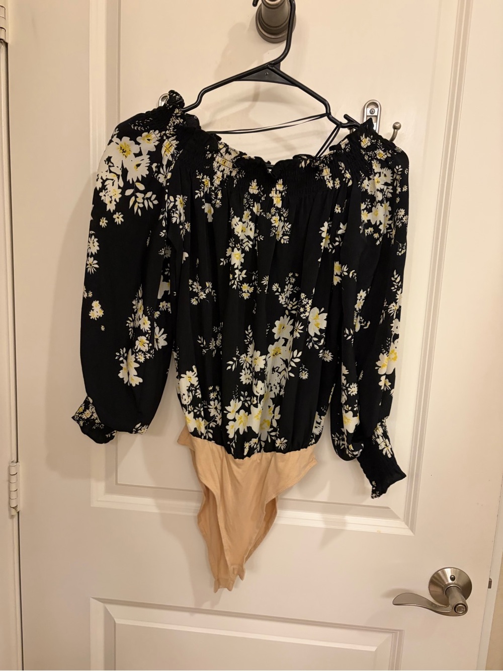 Wayf Black Floral Off-the-Shoulder Bodysuit with Yellow Accents